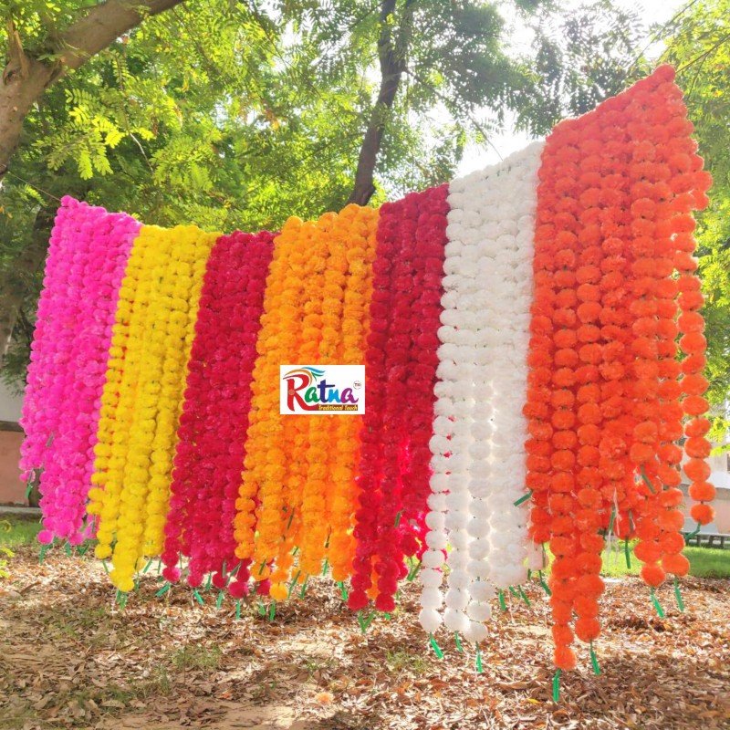 150 Fresh like Assorted artificial marigold flower string party backdrop, Indian wedding decorations, 5 feet flower garland