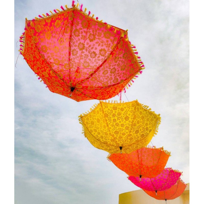 Express Shipping 20 Indian wedding decoration parasol umbrella, golden foil print fabric colourful Indian mehendi decor