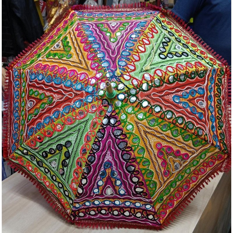 5 Indian Mirror work wedding decoration parasol umbrella, embroidered fabric mirror work colourful Indian mehendi decor