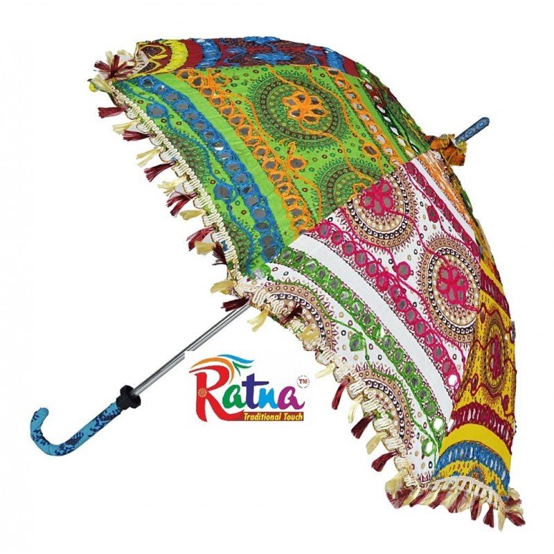 10 Indian wedding decoration parasol umbrella, embroidered fabric mirror work colourful Indian mehendi decor