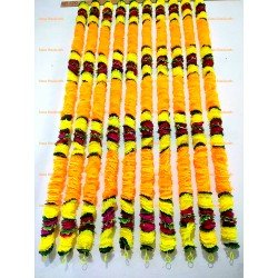 10 pcs Fresh Like Real Look Artificial Marigold Yellow Orange Flower Strings Indian Decoration Wedding Home Decor, 5 feet approx