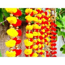 10 String Handmade Boho Decor Rainbow Pom Pom Garland (Red Yellow)