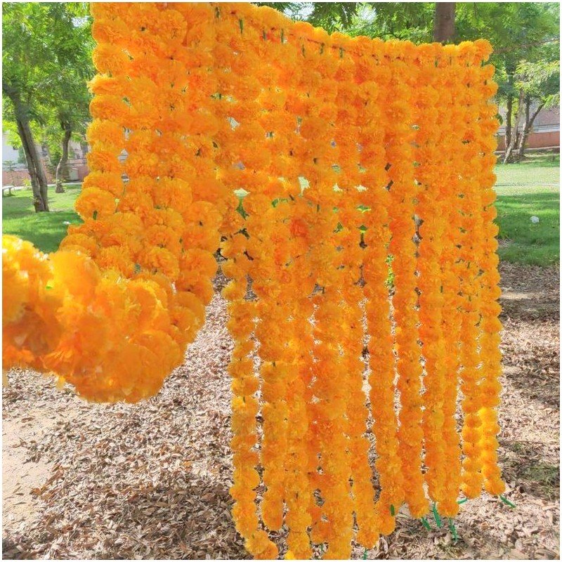 1000 Fresh like artificial mango marigold flower string party backdrop, Indian wedding decorations, 5 feet flower garland
