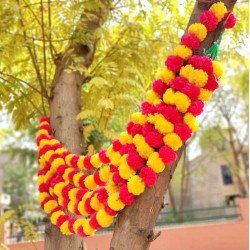 10 pcs Fresh Like Real Look Artificial Marigold Color Fusion Flower Strings Indian Decoration Wedding Home Decor, 5 feet approx