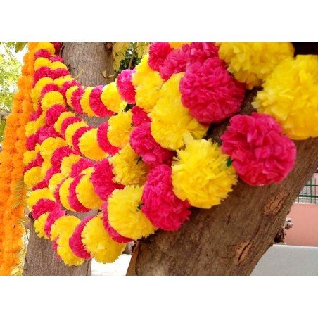 100 pcs Fresh Like Real Look Artificial Marigold Color Fusion Flower Strings Indian Decoration Wedding Home Decor, 5 feet approx