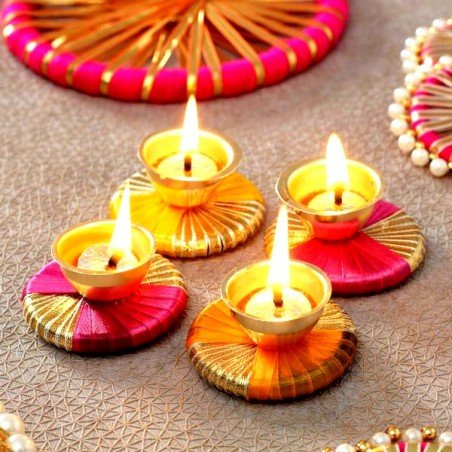 Pack of 4 Metal Diya Set with Gota Work