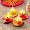 Pack of 4 Metal Diya Set with Gota Work