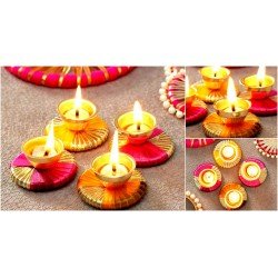 Pack of 4 Metal Diya Set with Gota Work