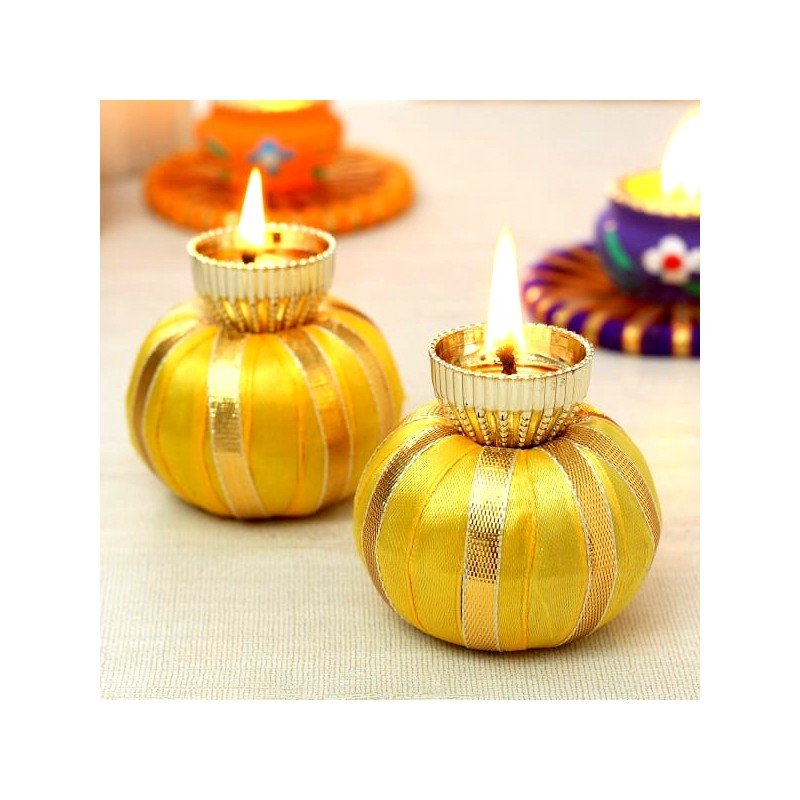 Pack of 2 Metal Diya Set with Gota Work