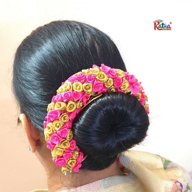Red Green Flowers Petals Moggalu Veni Indian Hair piece | Hair Bun Jud –  Classical Dance Jewelry